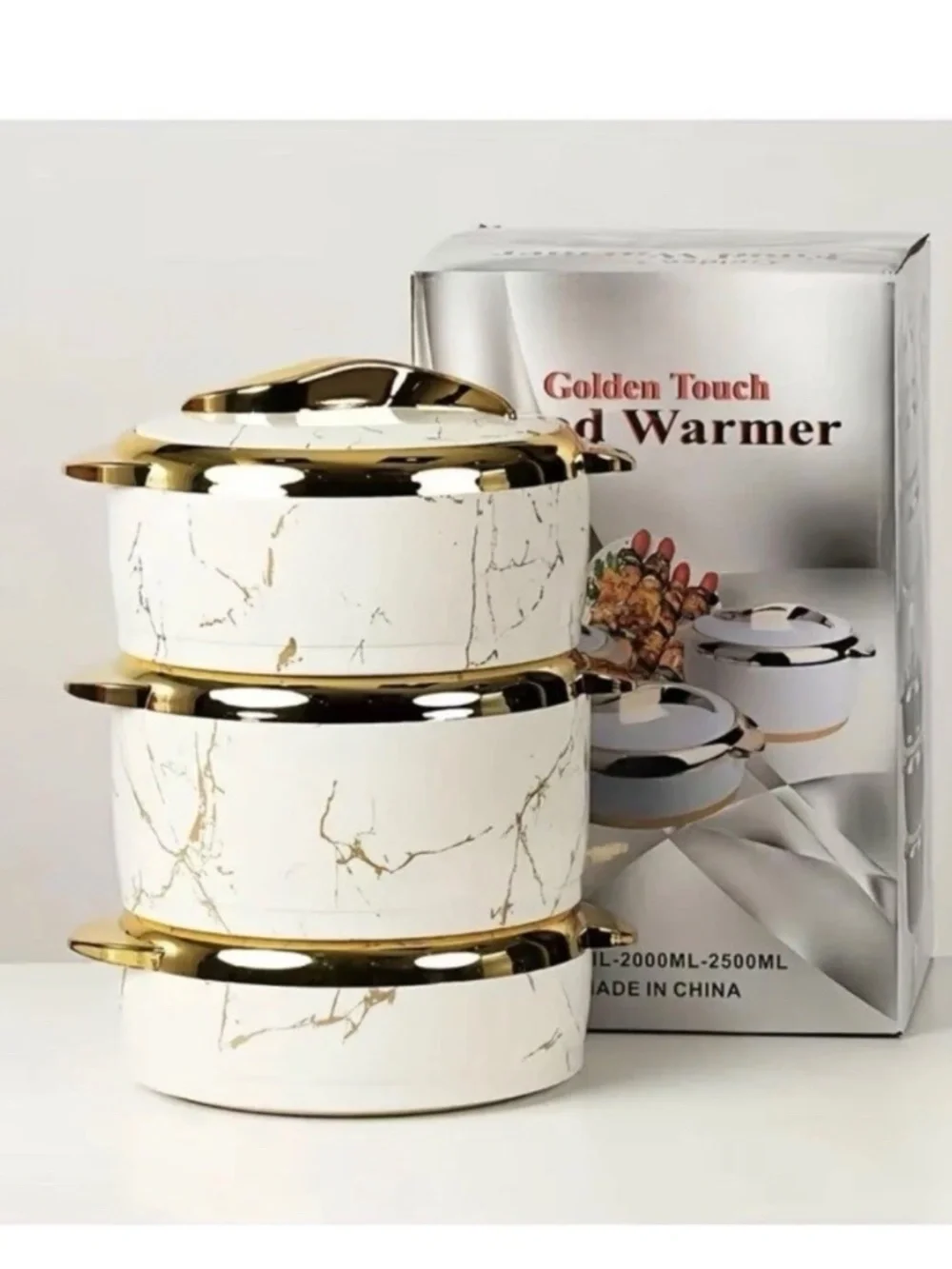 3Pcs Golden Touch Insulated Stainless-Steel Food Warmer - Marble Blue & White